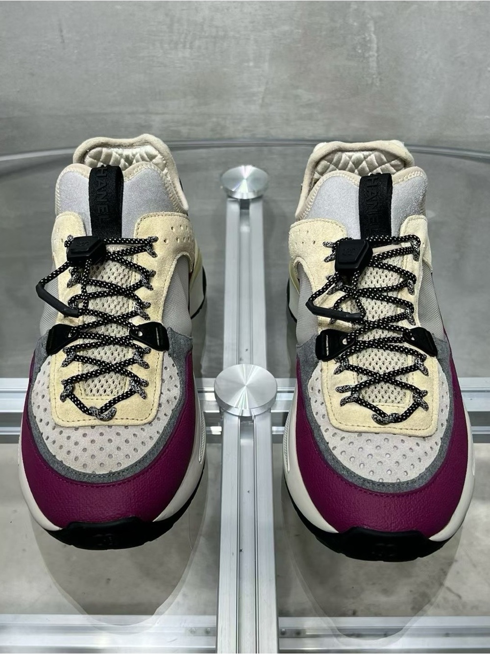 CHANEL Cream, Gray & Burgundy Chunky Lace-Up Sneakers